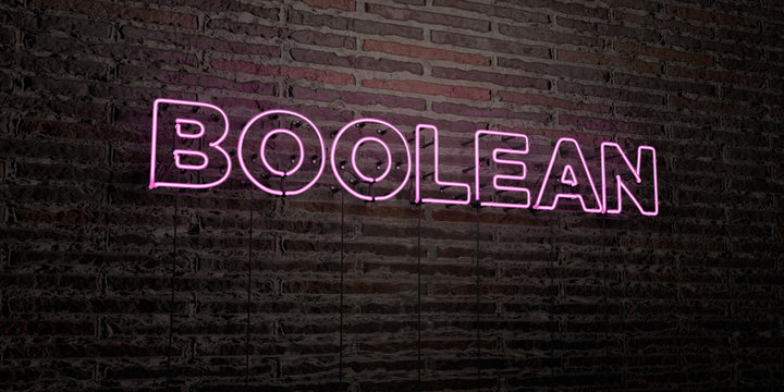 BOOLEAN -Realistic Neon Sign on Brick Wall background - 3D rendered royalty free stock image. Can be used for online banner ads and direct mailers..