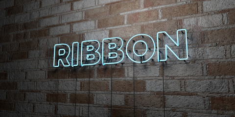 RIBBON - Glowing Neon Sign on stonework wall - 3D rendered royalty free stock illustration.  Can be used for online banner ads and direct mailers..