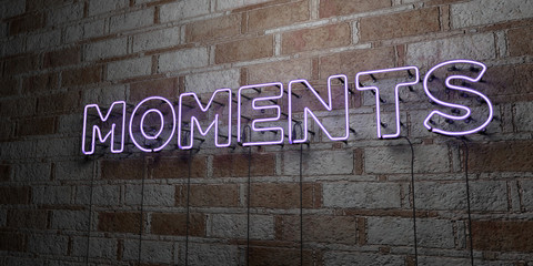 MOMENTS - Glowing Neon Sign on stonework wall - 3D rendered royalty free stock illustration.  Can be used for online banner ads and direct mailers..