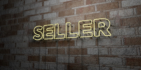 SELLER - Glowing Neon Sign on stonework wall - 3D rendered royalty free stock illustration.  Can be used for online banner ads and direct mailers..