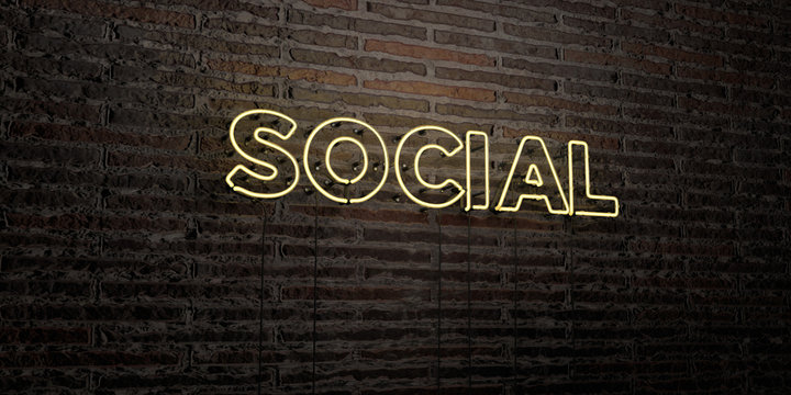 SOCIAL -Realistic Neon Sign on Brick Wall background - 3D rendered royalty free stock image. Can be used for online banner ads and direct mailers..