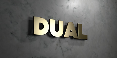 Dual - Gold sign mounted on glossy marble wall  - 3D rendered royalty free stock illustration. This image can be used for an online website banner ad or a print postcard.