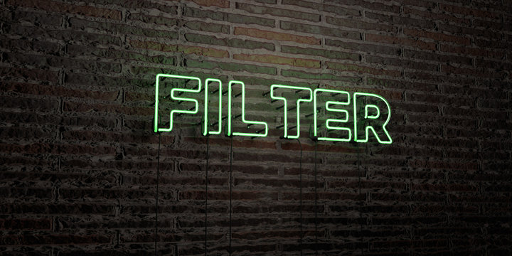 FILTER -Realistic Neon Sign on Brick Wall background - 3D rendered royalty free stock image. Can be used for online banner ads and direct mailers..