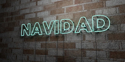 NAVIDAD - Glowing Neon Sign on stonework wall - 3D rendered royalty free stock illustration.  Can be used for online banner ads and direct mailers..