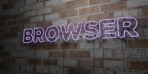 Naklejka premium BROWSER - Glowing Neon Sign on stonework wall - 3D rendered royalty free stock illustration. Can be used for online banner ads and direct mailers..