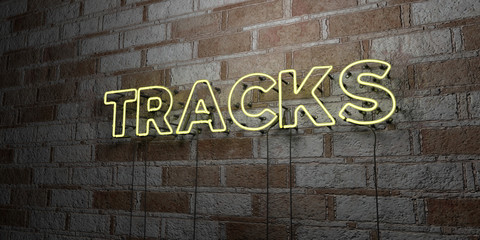 TRACKS - Glowing Neon Sign on stonework wall - 3D rendered royalty free stock illustration.  Can be used for online banner ads and direct mailers..