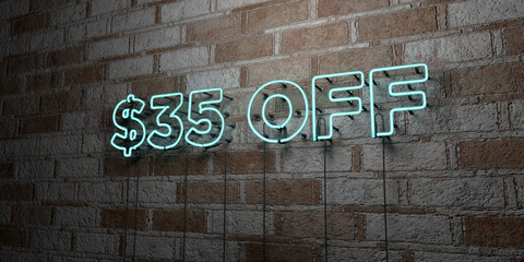 $35 OFF - Glowing Neon Sign on stonework wall - 3D rendered royalty free stock illustration.  Can be used for online banner ads and direct mailers..