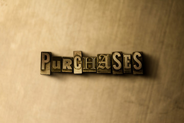 PURCHASES - close-up of grungy vintage typeset word on metal backdrop. Royalty free stock illustration.  Can be used for online banner ads and direct mail.