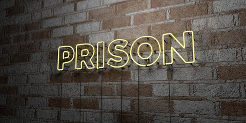 PRISON - Glowing Neon Sign on stonework wall - 3D rendered royalty free stock illustration.  Can be used for online banner ads and direct mailers..