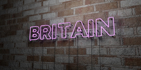 BRITAIN - Glowing Neon Sign on stonework wall - 3D rendered royalty free stock illustration.  Can be used for online banner ads and direct mailers..