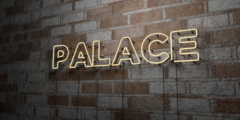 PALACE - Glowing Neon Sign on stonework wall - 3D rendered royalty free stock illustration.  Can be used for online banner ads and direct mailers..