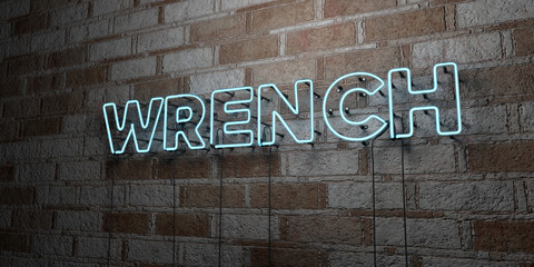 WRENCH - Glowing Neon Sign on stonework wall - 3D rendered royalty free stock illustration.  Can be used for online banner ads and direct mailers..