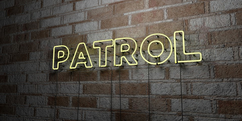 PATROL - Glowing Neon Sign on stonework wall - 3D rendered royalty free stock illustration.  Can be used for online banner ads and direct mailers..