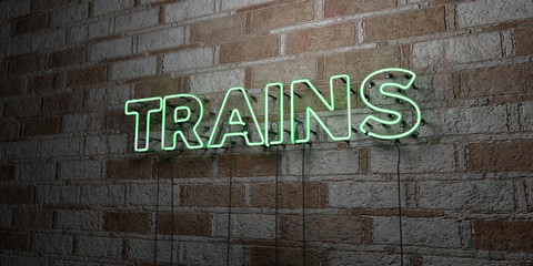 TRAINS - Glowing Neon Sign on stonework wall - 3D rendered royalty free stock illustration.  Can be used for online banner ads and direct mailers..