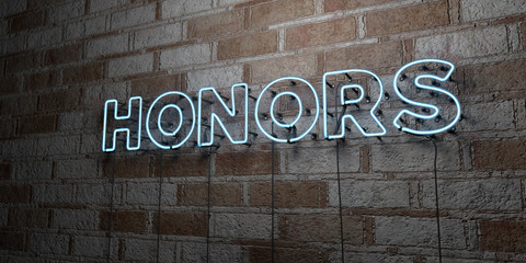 HONORS - Glowing Neon Sign on stonework wall - 3D rendered royalty free stock illustration.  Can be used for online banner ads and direct mailers..
