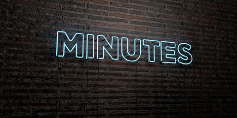 MINUTES -Realistic Neon Sign on Brick Wall background - 3D rendered royalty free stock image. Can be used for online banner ads and direct mailers..