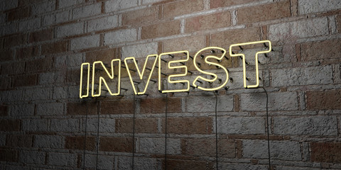 Fototapeta na wymiar INVEST - Glowing Neon Sign on stonework wall - 3D rendered royalty free stock illustration. Can be used for online banner ads and direct mailers..