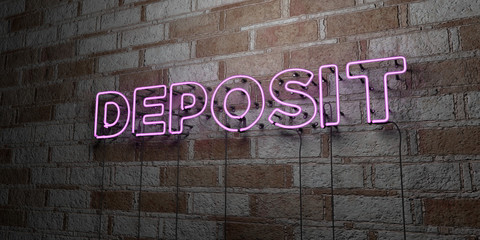 DEPOSIT - Glowing Neon Sign on stonework wall - 3D rendered royalty free stock illustration.  Can be used for online banner ads and direct mailers..