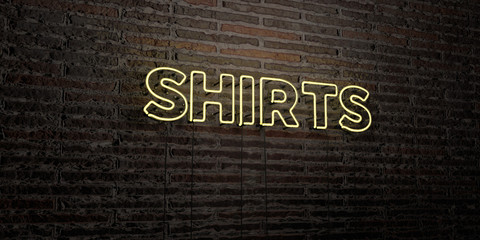 SHIRTS -Realistic Neon Sign on Brick Wall background - 3D rendered royalty free stock image. Can be used for online banner ads and direct mailers..