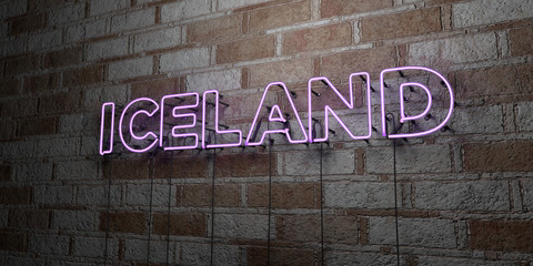 ICELAND - Glowing Neon Sign on stonework wall - 3D rendered royalty free stock illustration.  Can be used for online banner ads and direct mailers..