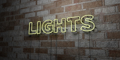 LIGHTS - Glowing Neon Sign on stonework wall - 3D rendered royalty free stock illustration.  Can be used for online banner ads and direct mailers..