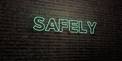 SAFELY -Realistic Neon Sign on Brick Wall background - 3D rendered royalty free stock image. Can be used for online banner ads and direct mailers..