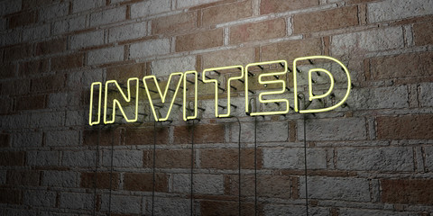 Fototapeta na wymiar INVITED - Glowing Neon Sign on stonework wall - 3D rendered royalty free stock illustration. Can be used for online banner ads and direct mailers..