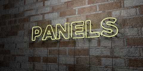 PANELS - Glowing Neon Sign on stonework wall - 3D rendered royalty free stock illustration.  Can be used for online banner ads and direct mailers..