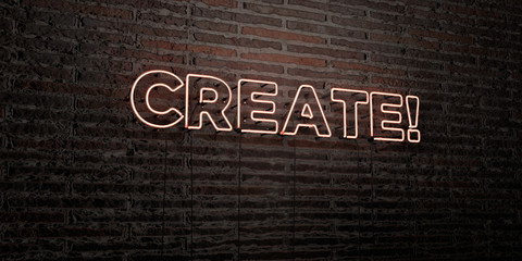 CREATE! -Realistic Neon Sign on Brick Wall background - 3D rendered royalty free stock image. Can be used for online banner ads and direct mailers..