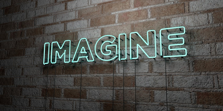 IMAGINE - Glowing Neon Sign on stonework wall - 3D rendered royalty free stock illustration.  Can be used for online banner ads and direct mailers..