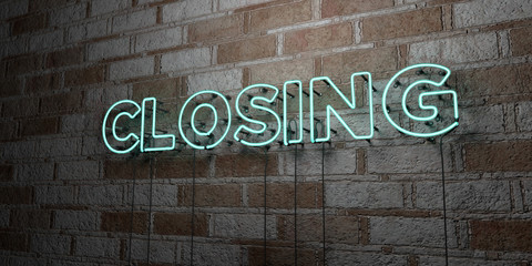 CLOSING - Glowing Neon Sign on stonework wall - 3D rendered royalty free stock illustration.  Can be used for online banner ads and direct mailers..