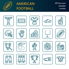 Vector line icons of american football game. Elements - ball, field, player, helmet, bullhorn. Linear signs set, football championship pictogram with editable stroke for sport event, fan store