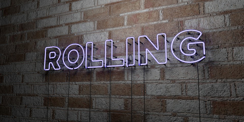 ROLLING - Glowing Neon Sign on stonework wall - 3D rendered royalty free stock illustration.  Can be used for online banner ads and direct mailers..