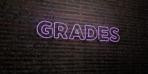 GRADES -Realistic Neon Sign on Brick Wall background - 3D rendered royalty free stock image. Can be used for online banner ads and direct mailers..