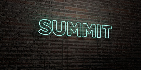 SUMMIT -Realistic Neon Sign on Brick Wall background - 3D rendered royalty free stock image. Can be used for online banner ads and direct mailers..
