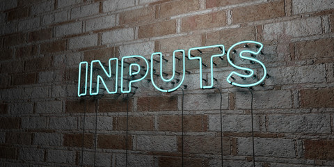 INPUTS - Glowing Neon Sign on stonework wall - 3D rendered royalty free stock illustration.  Can be used for online banner ads and direct mailers..