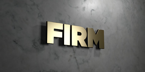 Firm - Gold sign mounted on glossy marble wall  - 3D rendered royalty free stock illustration. This image can be used for an online website banner ad or a print postcard.