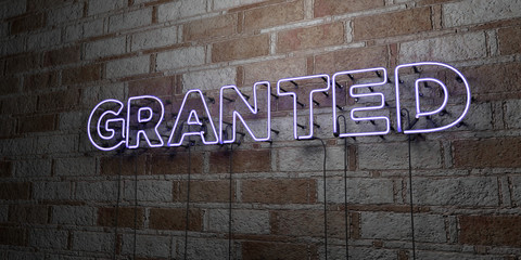 GRANTED - Glowing Neon Sign on stonework wall - 3D rendered royalty free stock illustration.  Can be used for online banner ads and direct mailers..