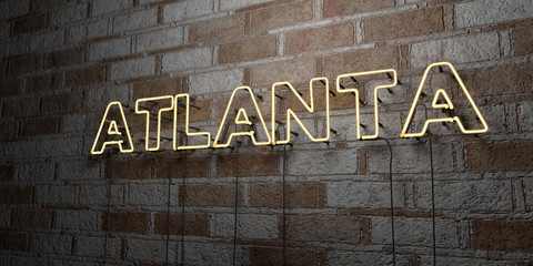 ATLANTA - Glowing Neon Sign on stonework wall - 3D rendered royalty free stock illustration.  Can be used for online banner ads and direct mailers..