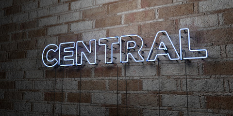 CENTRAL - Glowing Neon Sign on stonework wall - 3D rendered royalty free stock illustration.  Can be used for online banner ads and direct mailers..