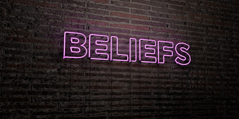 BELIEFS -Realistic Neon Sign on Brick Wall background - 3D rendered royalty free stock image. Can be used for online banner ads and direct mailers..