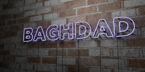 BAGHDAD - Glowing Neon Sign on stonework wall - 3D rendered royalty free stock illustration.  Can be used for online banner ads and direct mailers..