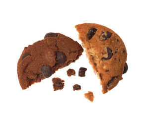 Tasty cookies with chocolate chips and crumbs on white background