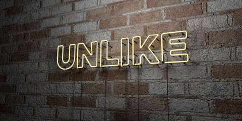 UNLIKE - Glowing Neon Sign on stonework wall - 3D rendered royalty free stock illustration.  Can be used for online banner ads and direct mailers..