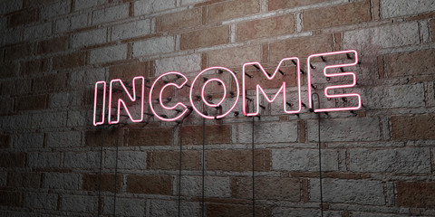 INCOME - Glowing Neon Sign on stonework wall - 3D rendered royalty free stock illustration.  Can be used for online banner ads and direct mailers..