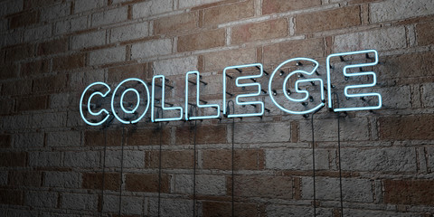 COLLEGE - Glowing Neon Sign on stonework wall - 3D rendered royalty free stock illustration.  Can be used for online banner ads and direct mailers..