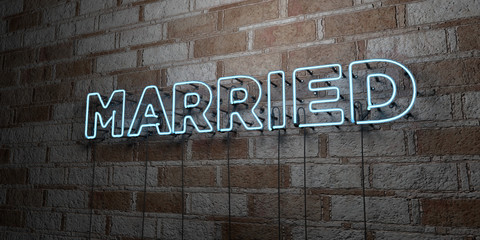 MARRIED - Glowing Neon Sign on stonework wall - 3D rendered royalty free stock illustration.  Can be used for online banner ads and direct mailers..