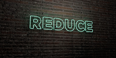 REDUCE -Realistic Neon Sign on Brick Wall background - 3D rendered royalty free stock image. Can be used for online banner ads and direct mailers..