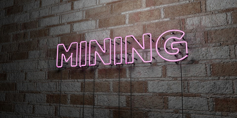 MINING - Glowing Neon Sign on stonework wall - 3D rendered royalty free stock illustration.  Can be used for online banner ads and direct mailers..