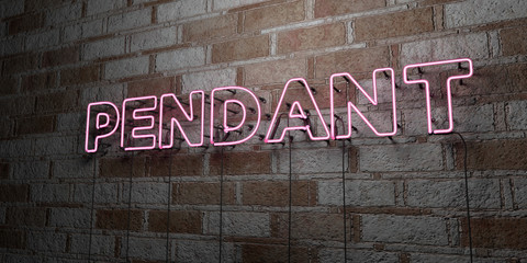 PENDANT - Glowing Neon Sign on stonework wall - 3D rendered royalty free stock illustration.  Can be used for online banner ads and direct mailers..